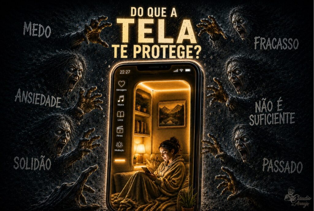 Ilustração digital em tons escuros e dourados mostrando uma jovem sentada confortavelmente em uma poltrona iluminada dentro da tela de um celular gigante. Ao redor do aparelho, na escuridão, mãos e rostos monstruosos e expressivos tentam alcançá-la, acompanhados pelas palavras Medo, Ansiedade, Solidão, Fracasso, Não é Suficiente e Passado.