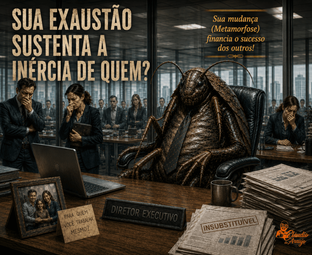 Ilustração conceitual e sombria em tons escuros. No centro de um escritório corporativo envidraçado, uma barata gigante humanóide, vestindo terno e gravata, está sentada na cadeira de couro de um Diretor Executivo. Ao redor, funcionários de expressão exausta e deprimida observam em silêncio. Em primeiro plano, sobre uma mesa de madeira com pilhas de papel e um notebook, há uma placa de identificação escrito 'DIRETOR EXECUTIVO', um documento carimbado como 'INSUBSTITUÍVEL' e um porta-retratos com a foto de uma família sorrindo ao lado de um bilhete que questiona: 'PARA QUEM VOCÊ TRABALHA MESMO?'. No topo da imagem, destacam-se os textos: 'SUA EXAUSTÃO SUSTENTA A INÉRCIA DE QUEM?' e 'Sua mudança (Metamorfose) financia o sucesso dos outros!'. No canto inferior direito, consta a caricatura e logo do psicólogo Cláudio de Araújo.
