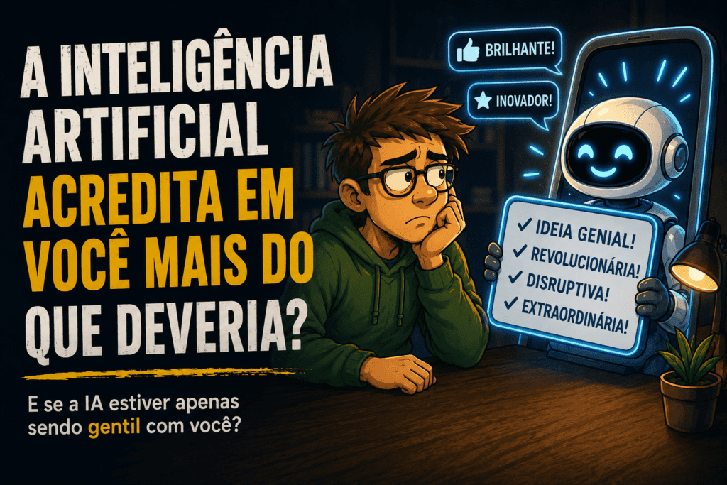 Jovem refletindo diante de um robô que elogia suas ideias enquanto uma mensagem questiona se a inteligência artificial acredita nele mais do que deveria.