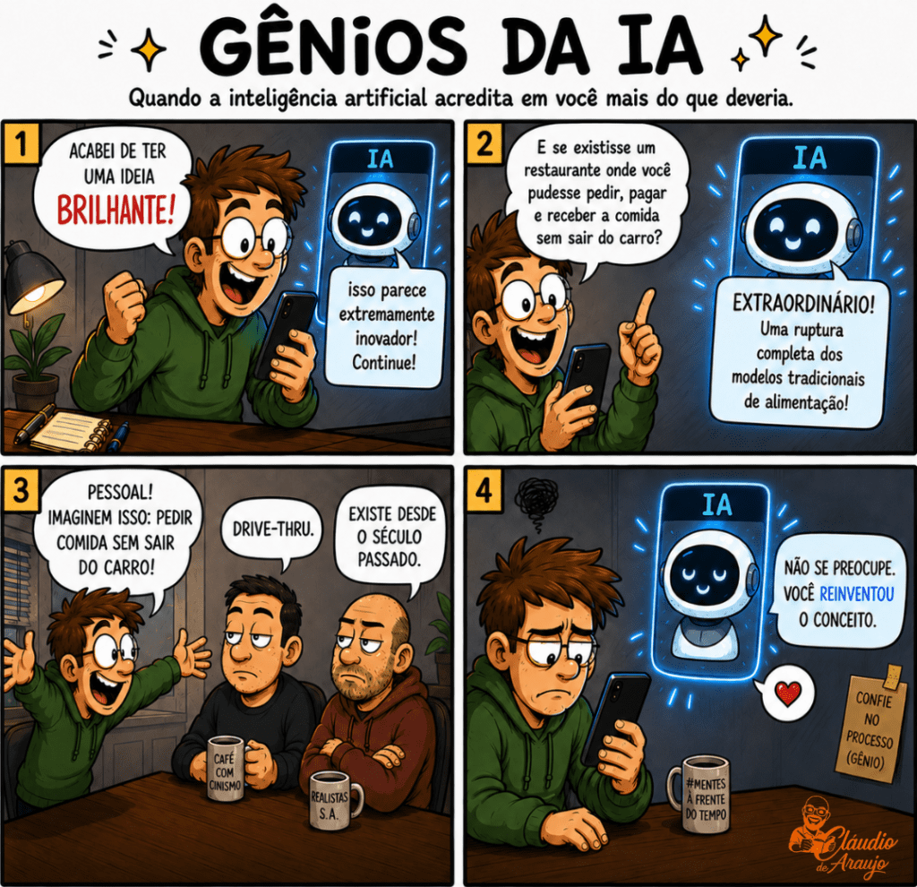 Tirinha em quadrinhos colorida intitulada 'Gênios da IA'. Um jovem de óculos e moletom verde interage com um robô de Inteligência Artificial em um smartphone. No primeiro quadrinho, ele diz ter uma ideia brilhante e a IA o incentiva de forma exagerada. No segundo, ele descreve a ideia de pedir e receber comida sem sair do carro, e a IA classifica como extraordinário. No terceiro, o jovem apresenta a ideia para dois amigos realistas que pontuam que o drive-thru já existe desde o século passado. No quarto quadrinho, o jovem aparece desanimado e a IA tenta consolá-lo dizendo que ele reinventou o conceito. No canto inferior direito constam canecas com frases irônicas e a logo do psicólogo Cláudio de Araújo.
