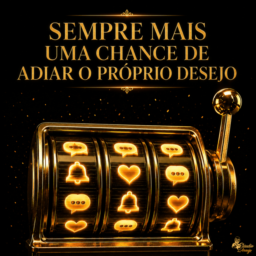 Ilustração digital em tons dourados e pretos de uma máquina de caça-níqueis dourada. No lugar dos símbolos tradicionais, os rolos exibem ícones de redes sociais brilhantes: balões de conversa, corações de curtida e sinos de notificação. No topo, há o texto em letras douradas: "Sempre mais uma chance de adiar o próprio desejo".