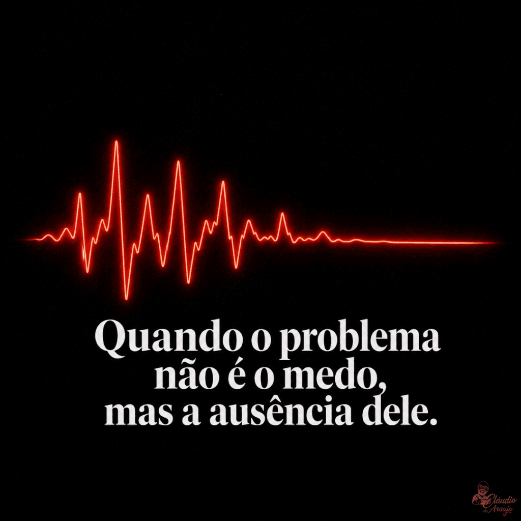 Gráfico de batimentos cardíacos em linha vermelha neon sobre fundo preto terminando em uma linha reta, acompanhado do texto 'Quando o problema não é o medo, mas a ausência dele.'