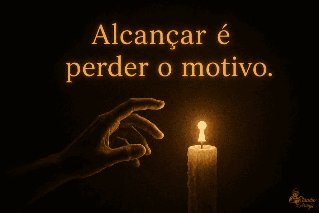 Fotografia conceitual em tom escuro mostrando uma mão humana estendida em direção a uma vela acesa, cuja chama tem o formato de uma fechadura brilhante. Acima, o texto "Alcançar é perder o motivo