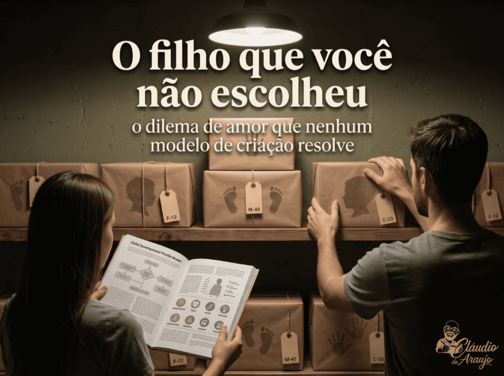 Prateleira com pacotes embrulhados e etiquetados, dois adultos em silhueta diante dela — um segura um manual aberto, o outro estende a mão para escolher um dos pacotes, em ambiente frio entre depósito e maternidade. Texto sobreposto: 'O filho que você não escolheu — o dilema de amor que nenhum modelo de criação resolve