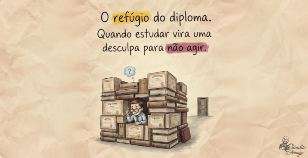 Ilustração conceitual de um homem refugiado atrás de pilhas de diplomas em um forte de livros, simbolizando a fuga da ação prática.